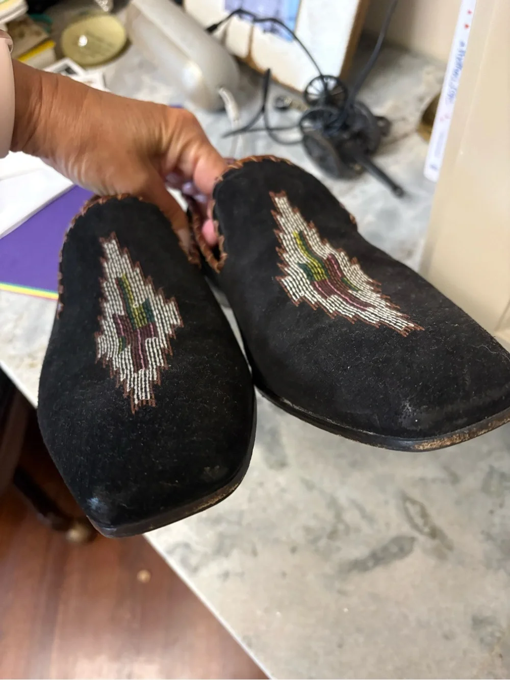 Donald J. Pliner Black Suede Slip-On Loafers with Multicolor Aztec style Motif